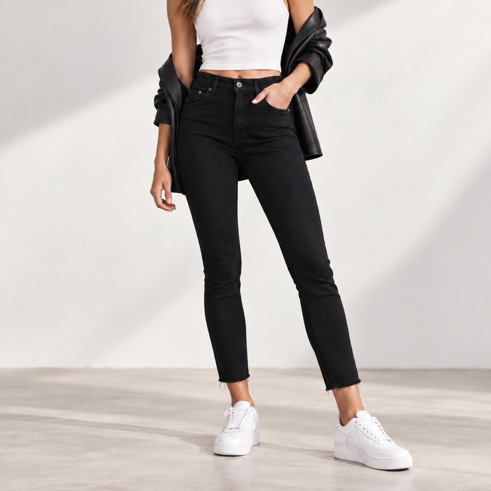 Pistola Aline Skinny Jeans Size 26 Black High Rise Frayed Hem Sleek Denim